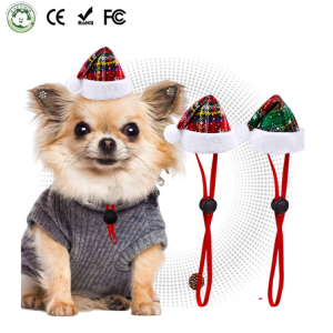 Stock Adjustable Plaid Polyester Winter Christmas Pet Cat Dog Santa Hat